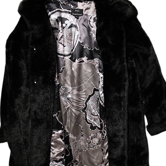 Dennis Basso Black Faux Mink Fur Coat Longline Oversized Winter Jacket Size L - Picture 5 of 10